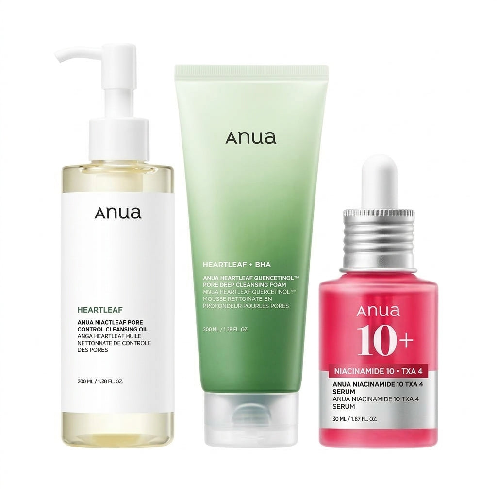 Anua Glass Skin Brightening 3-Step Routine Set – Cleansing Oil, Foam Cleanser & Niacinamide Serum